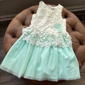 Elegant White and Mint Green Lace Kids Dress